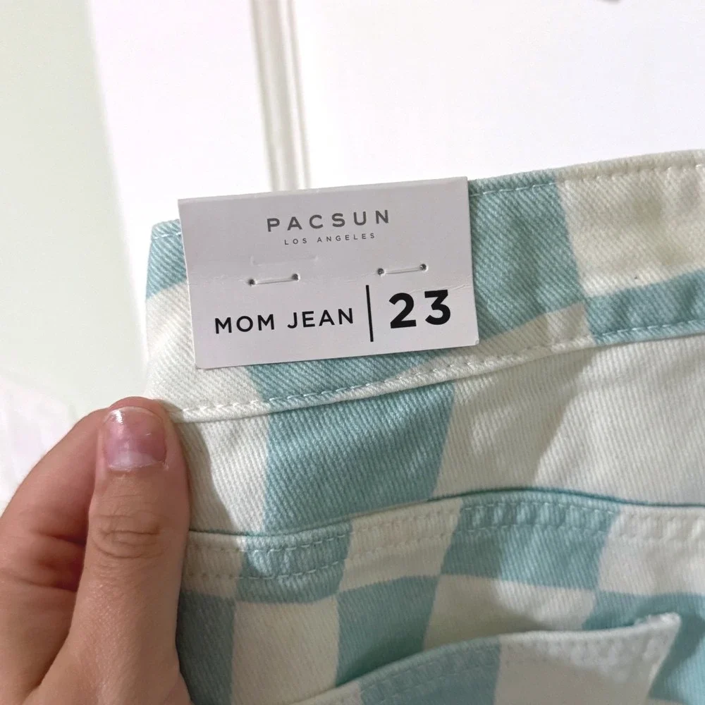 PacSun Mom Jeans Teal White Checkered Daisy Flower Print‎ High Rise Size 23 NWT